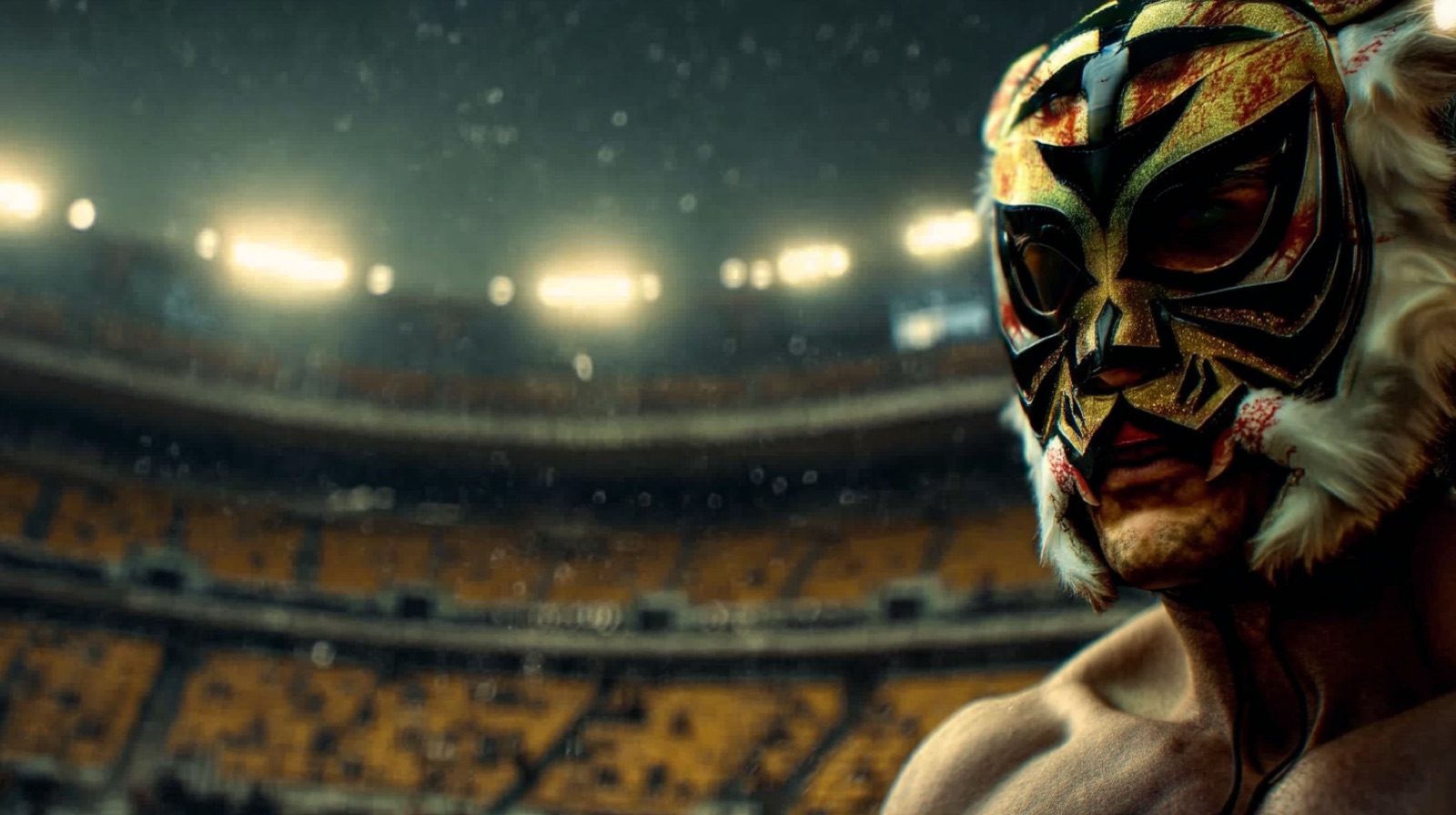 AI visual-development concept of a luchador entering an arena